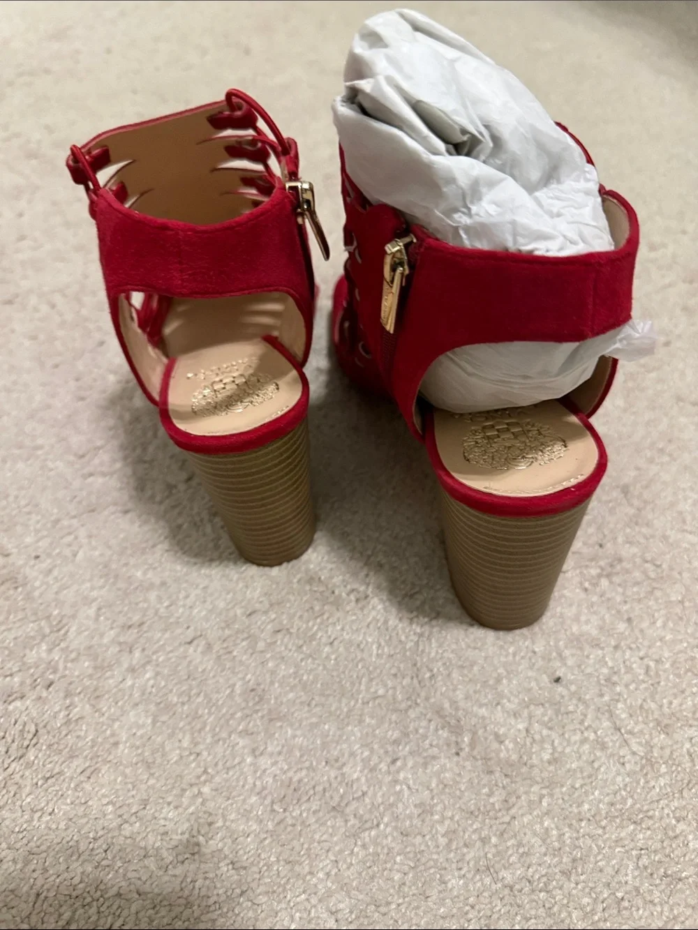 Vince Camuto Red Suede Strappy Block Heel Sandals